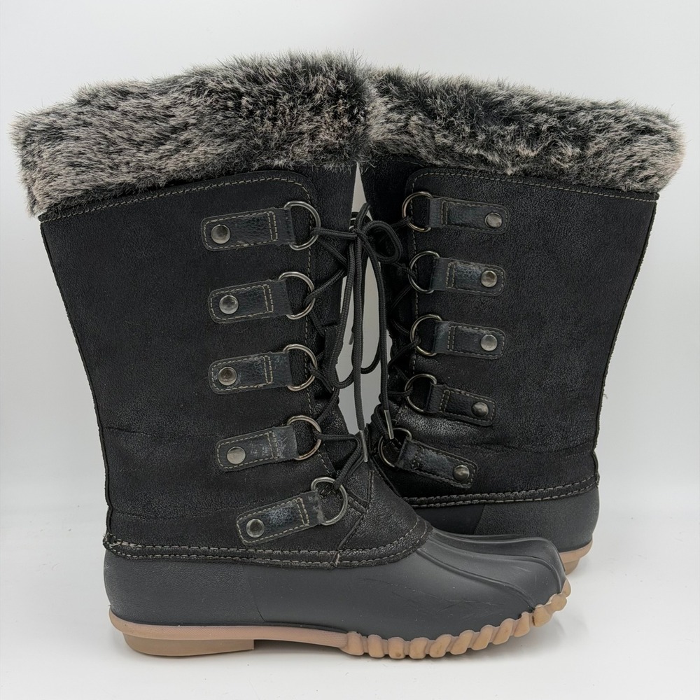 Yuu Fiona Black Faux Fur Trim Lace Up Duck Boots Womens Size 6 M Winter Mid Calf - Picture 5 of 12